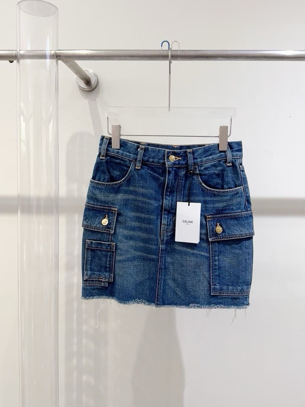Celine Blue Denim Mini Skirt with Patch Pockets